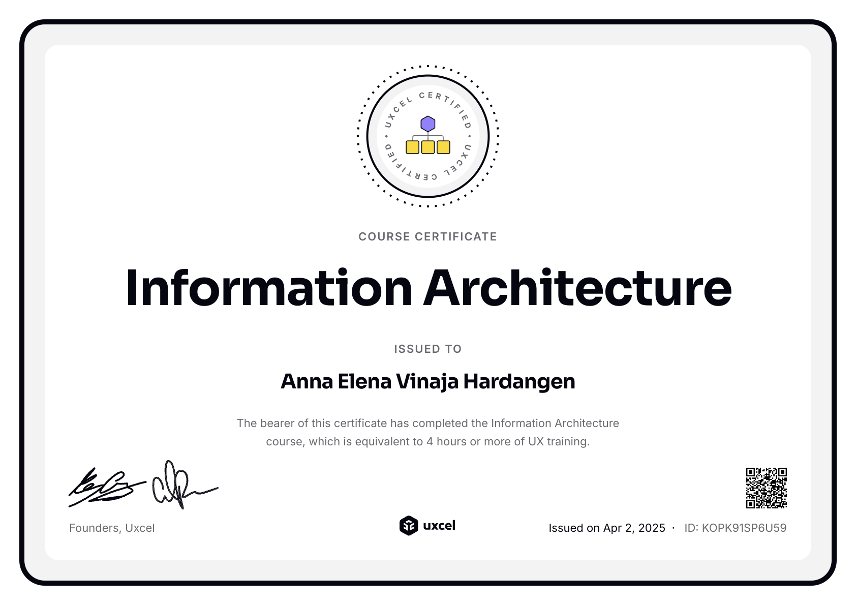 Anna Elena Vinaja Hardangen's certificate